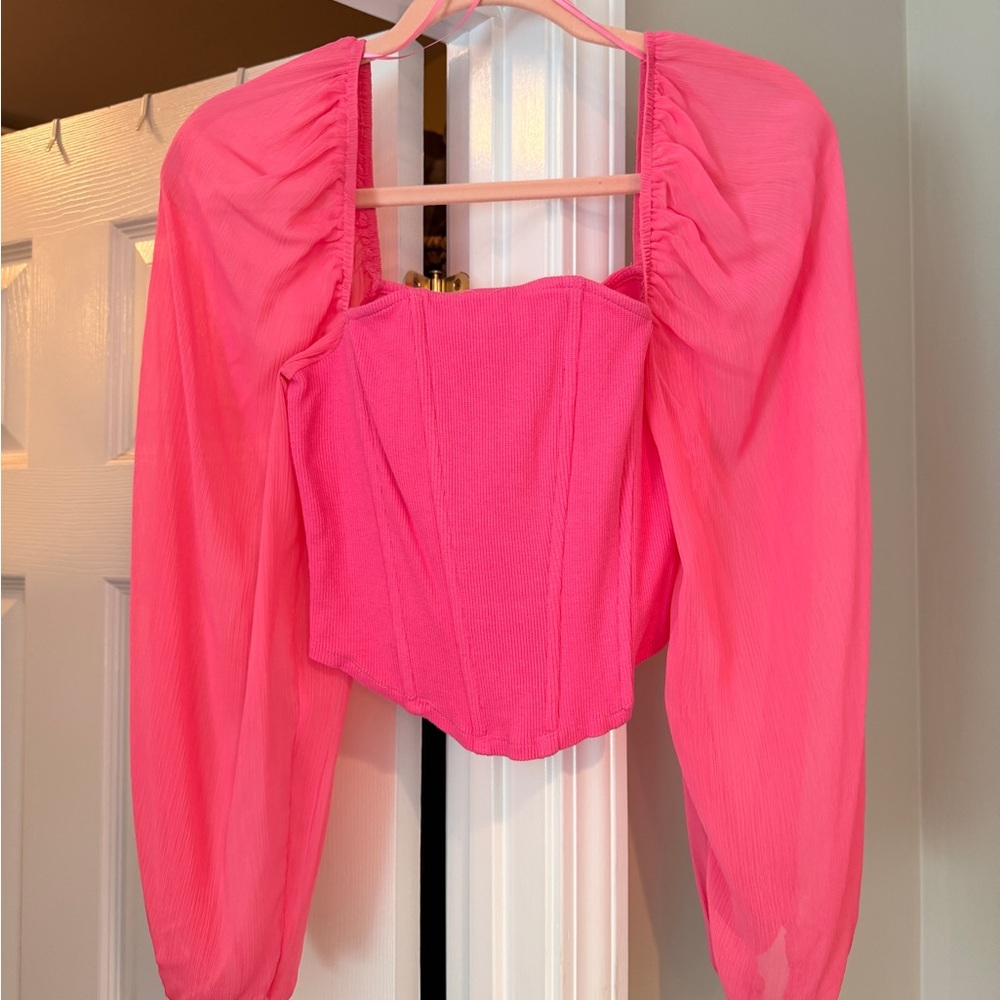 Promesa Hot Pink Puff Sleeve Corset Crop Top